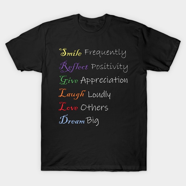 Positivity Quotes Law of Attraction Inspirational Words: Smile frequently, reflect positivity, give appreciation, laugh loudly, love others, dream big! Custom Apparel, Home Decor & Gifts T-Shirt by tamdevo1